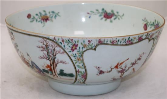 A Chinese famille rose European subject punch bowl, Qianlong period, diameter 31.5cm, hairline cracks